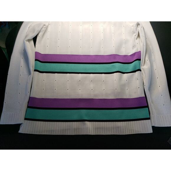 NPC Fashions Purple Teal Black On White Sweater - Picture 7 of 8